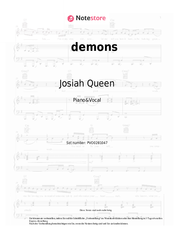 Noten mit Gesang Josiah Queen - demons - Klavier&Gesang
