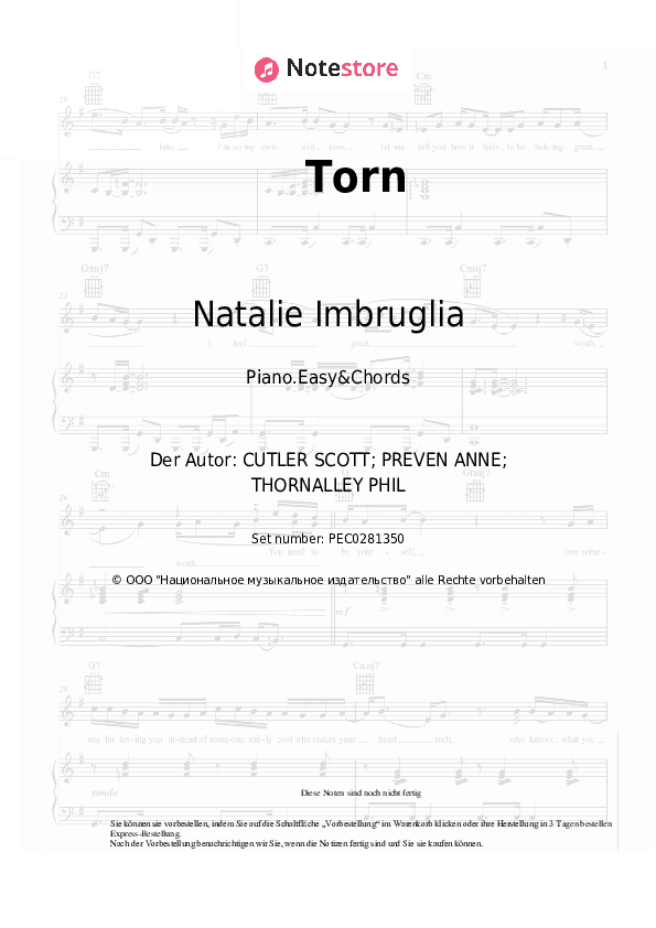 Einfache Noten und Akkorde Natalie Imbruglia - Torn - Klavier.Einfach&Akkorde