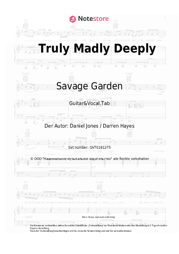 Akkorde und Gesang Savage Garden - Truly Madly Deeply - Gitarre&Gesang.Tabs