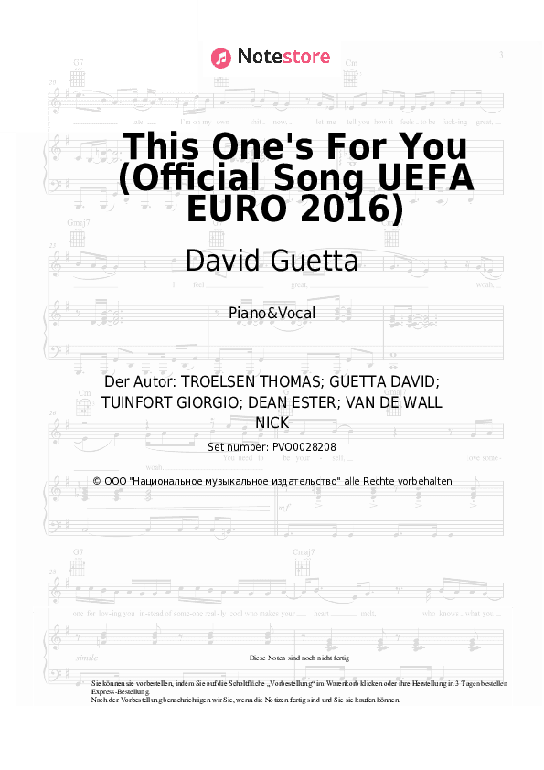 Noten mit Gesang David Guetta, Zara Larsson - This One's For You (Official Song UEFA EURO 2016) - Klavier&Gesang