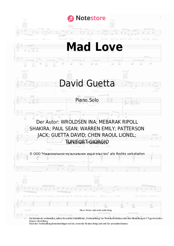 Noten David Guetta, Becky G, Sean Paul - Mad Love - Klavier.Solo