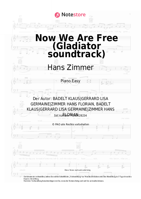 Einfache Noten Hans Zimmer, Klaus Badelt, Lisa Gerrard - Now We Are Free (Gladiator soundtrack) - Klavier.Einfach