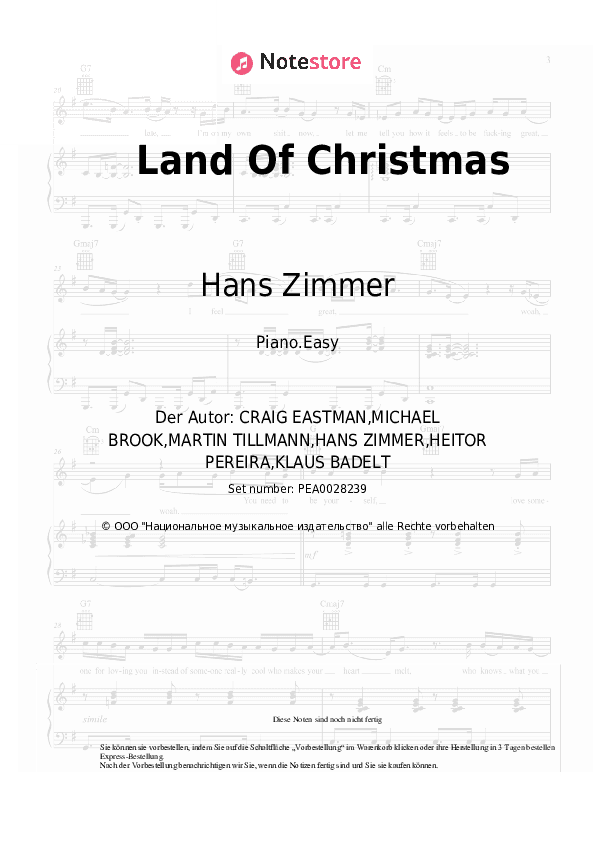 Einfache Noten Hans Zimmer, Klaus Badelt - Land Of Christmas - Klavier.Einfach