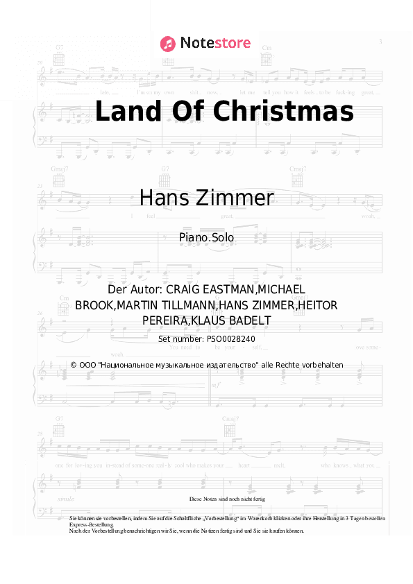Noten Hans Zimmer, Klaus Badelt - Land Of Christmas - Klavier.Solo