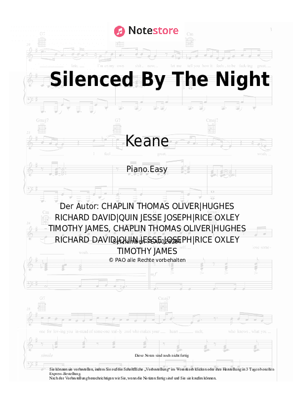 Einfache Noten Keane - Silenced By The Night - Klavier.Einfach