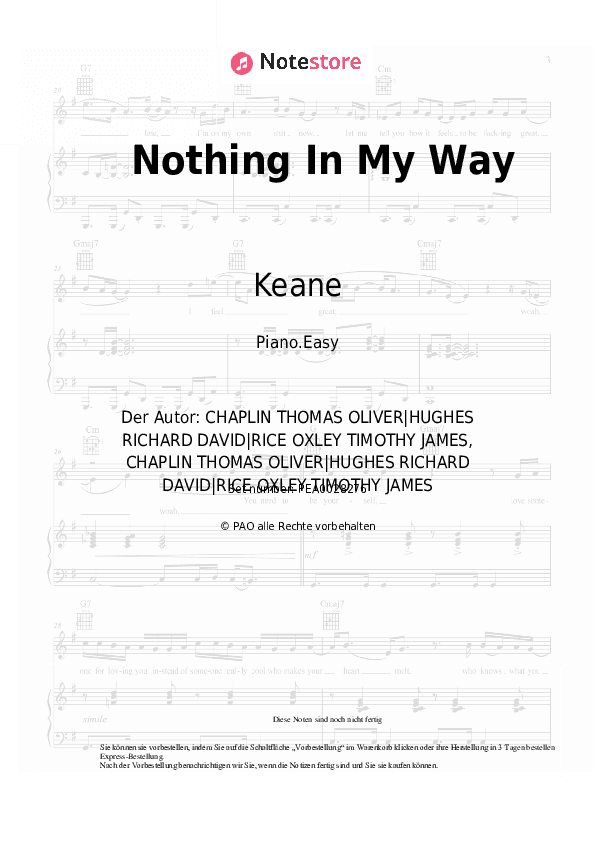 Einfache Noten Keane - Nothing In My Way - Klavier.Einfach