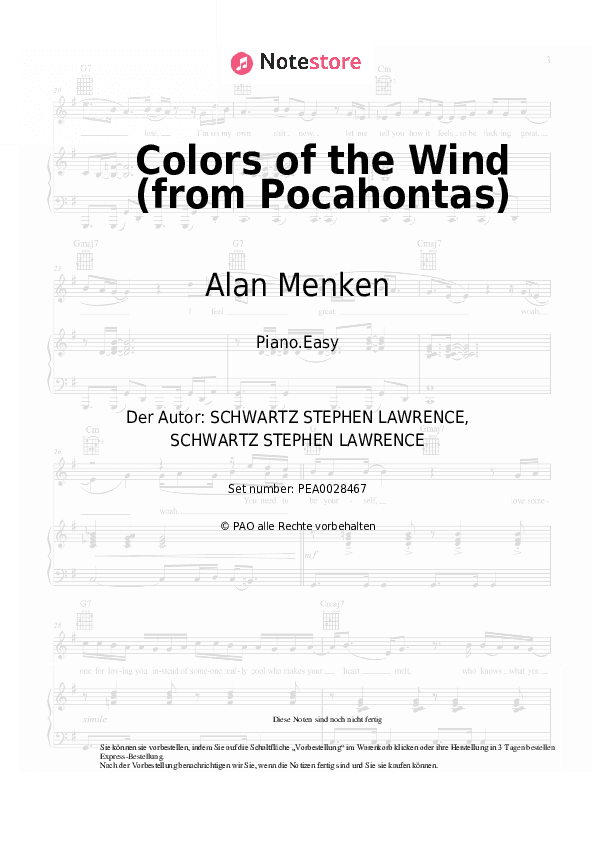 Einfache Noten Alan Menken - Colors of the Wind (from Pocahontas) - Klavier.Einfach