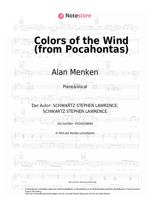 Noten mit Gesang Alan Menken - Colors of the Wind (from Pocahontas) - Klavier&Gesang