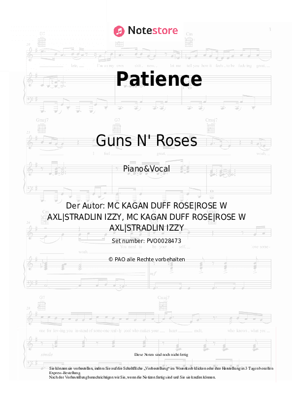 Noten mit Gesang Guns N' Roses - Patience - Klavier&Gesang