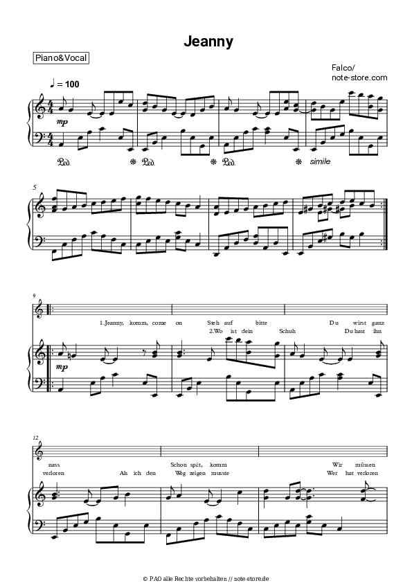 Noten mit Gesang Falco - Jeanny - Klavier&Gesang