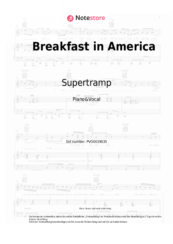 Noten mit Gesang Supertramp - Breakfast in America - Klavier&Gesang