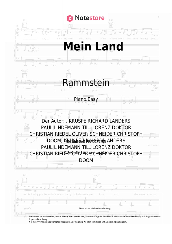 Einfache Noten Rammstein - Mein Land - Klavier.Einfach