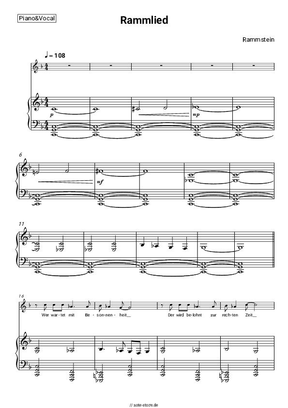 Noten mit Gesang Rammstein - Rammlied - Klavier&Gesang