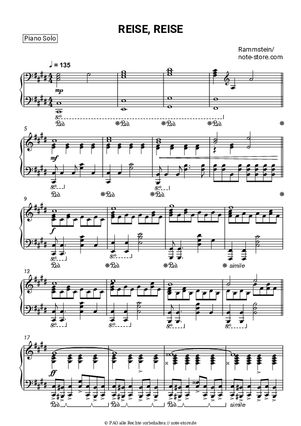 Noten Rammstein - Reise, Reise - Klavier.Solo