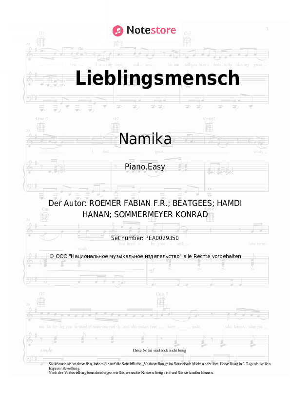 Einfache Noten Namika - Lieblingsmensch - Klavier.Einfach