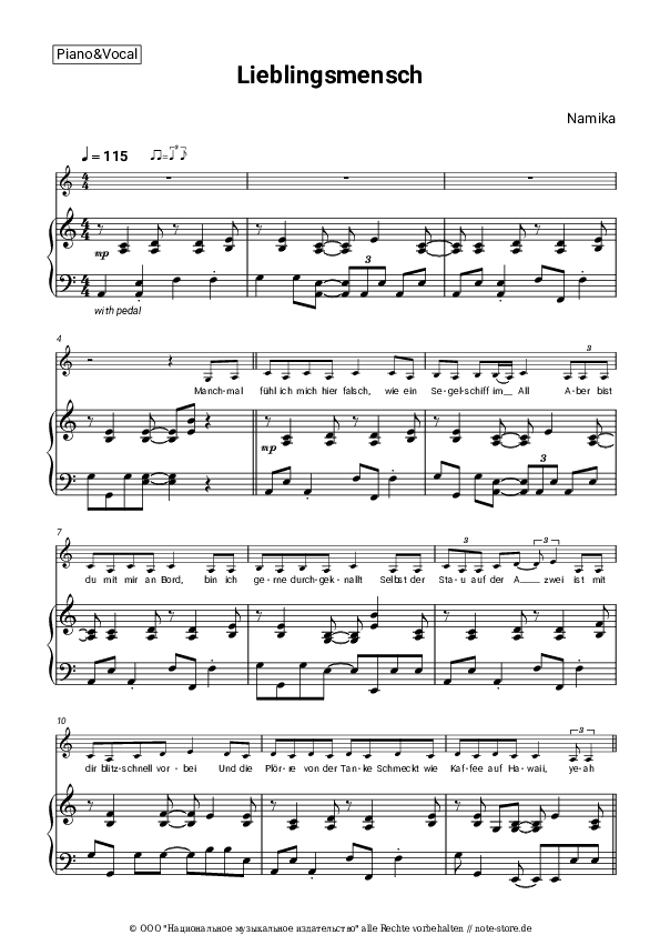 Noten mit Gesang Namika - Lieblingsmensch - Klavier&Gesang