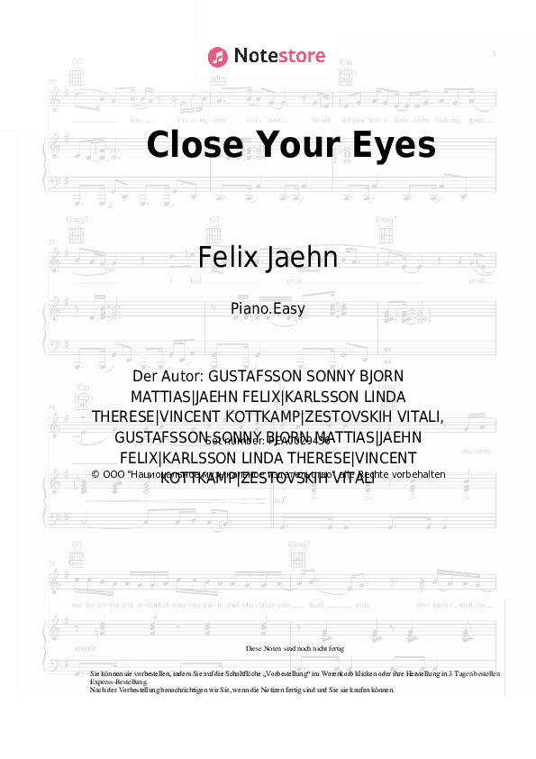 Einfache Noten Felix Jaehn, VIZE, Miss Li - Close Your Eyes - Klavier.Einfach