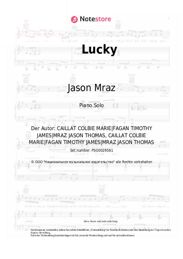 Noten Jason Mraz - Lucky - Klavier.Solo