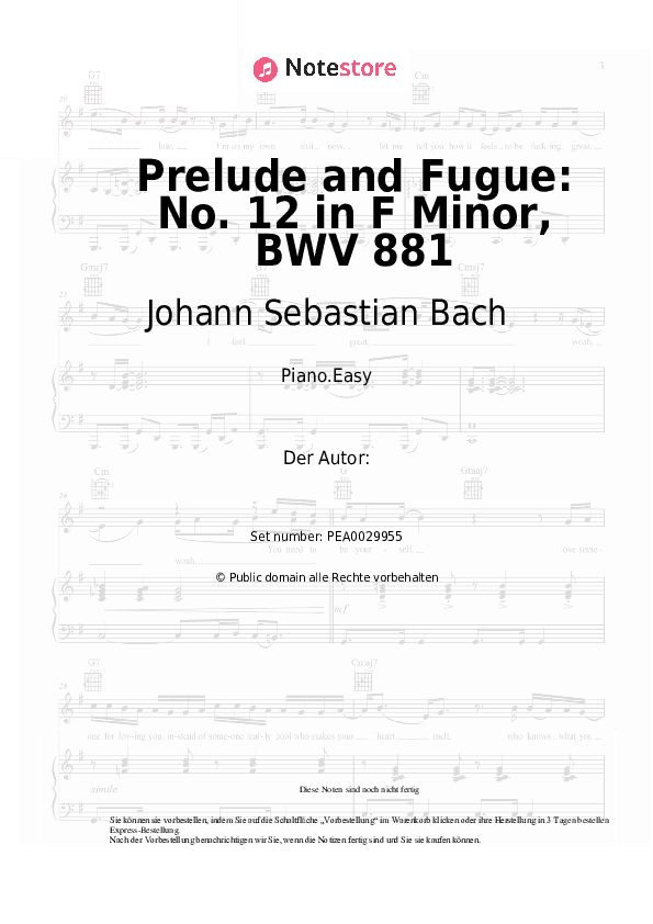 Einfache Noten Johann Sebastian Bach - Prelude and Fugue: No. 12 in F Minor, BWV 881 - Klavier.Einfach