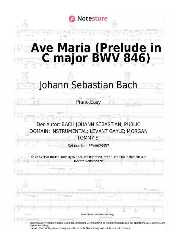 Einfache Noten Johann Sebastian Bach - Ave Maria (Prelude in C major BWV 846) - Klavier.Einfach