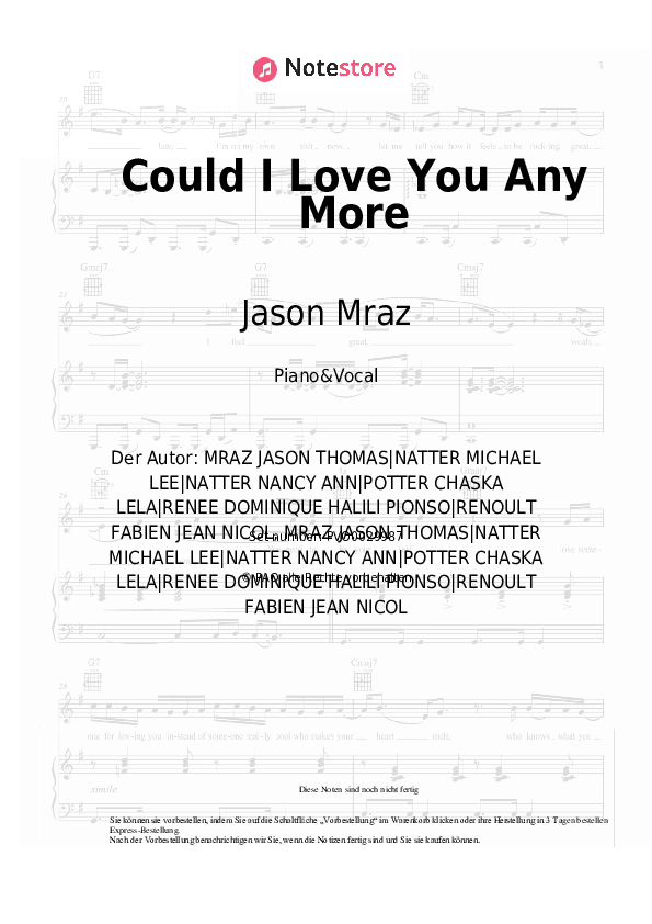 Noten mit Gesang Jason Mraz, Renee Dominique - Could I Love You Any More - Klavier&Gesang