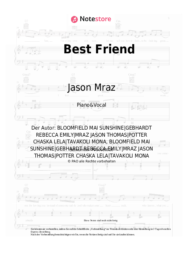 Noten mit Gesang Jason Mraz - Best Friend - Klavier&Gesang