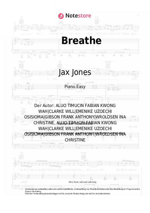 Einfache Noten Jax Jones, Ina Wroldsen - Breathe - Klavier.Einfach