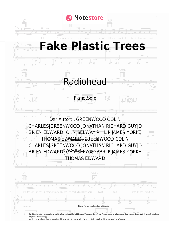 Noten Radiohead - Fake Plastic Trees - Klavier.Solo