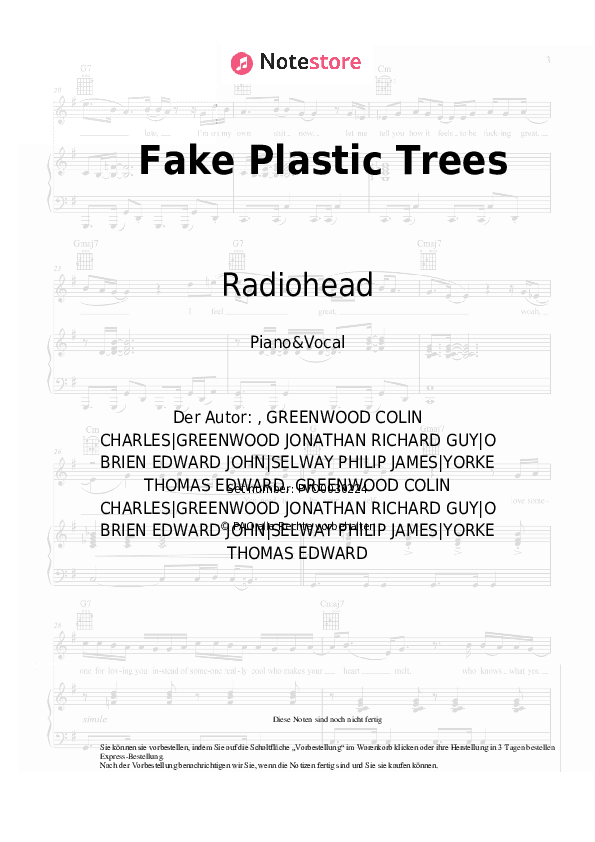 Noten mit Gesang Radiohead - Fake Plastic Trees - Klavier&Gesang