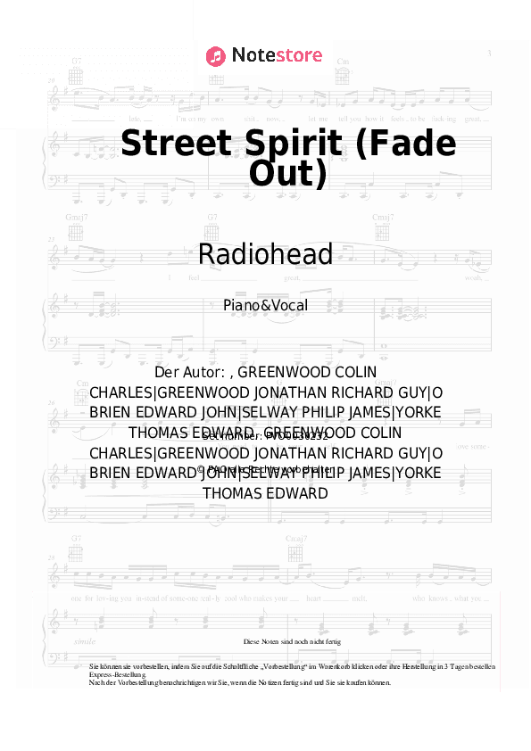 Noten mit Gesang Radiohead - Street Spirit (Fade Out) - Klavier&Gesang