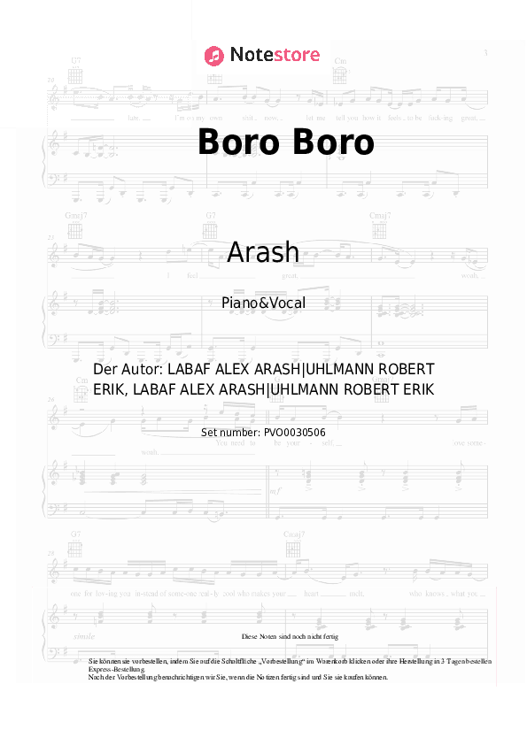 Noten mit Gesang Arash - Boro Boro - Klavier&Gesang