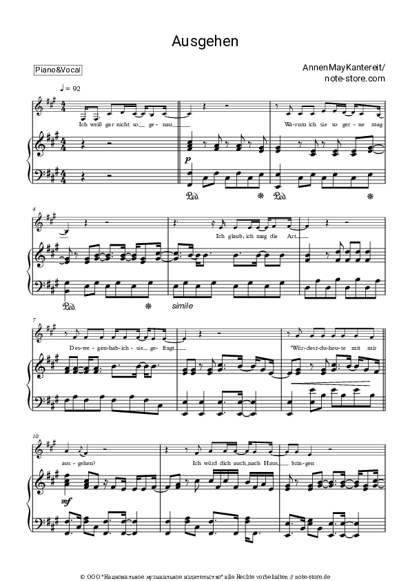 Noten mit Gesang AnnenMayKantereit - Ausgehen - Klavier&Gesang