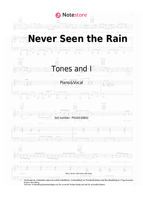 Noten mit Gesang Tones and I - Never Seen the Rain - Klavier&Gesang