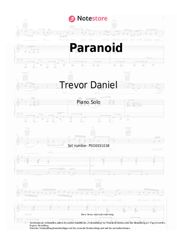 Noten Trevor Daniel - Paranoid - Klavier.Solo