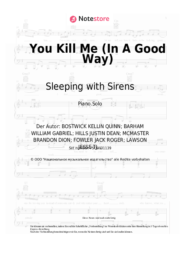 Noten Sleeping with Sirens - You Kill Me (In A Good Way) - Klavier.Solo