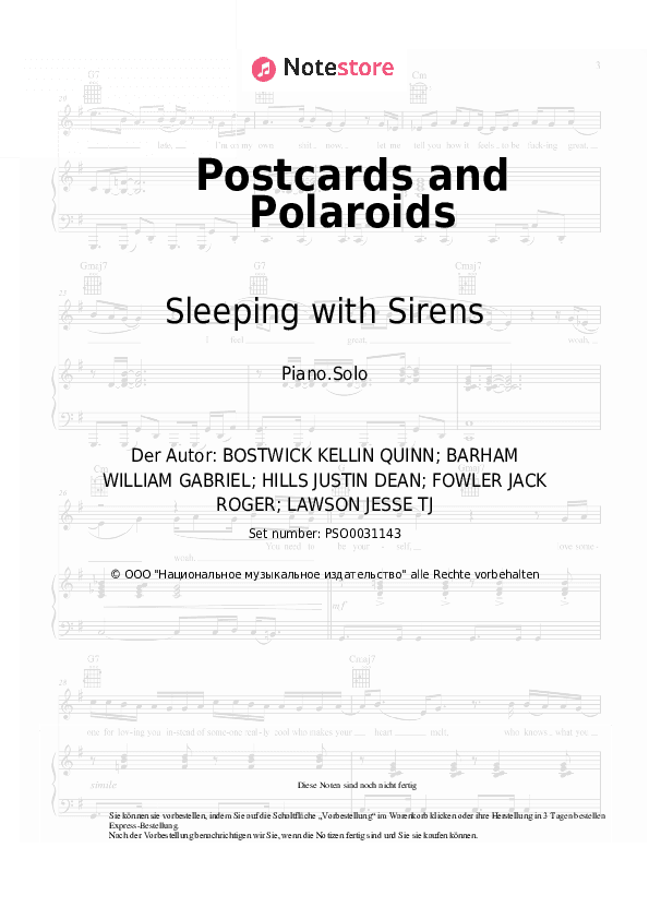 Noten Sleeping with Sirens - Postcards and Polaroids - Klavier.Solo