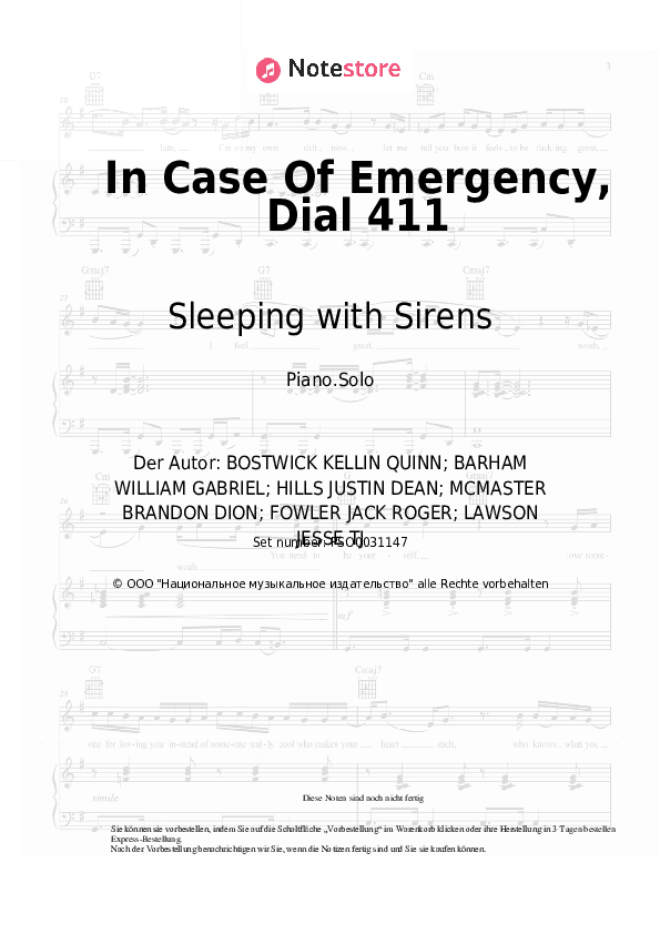 Noten Sleeping with Sirens - In Case Of Emergency, Dial 411 - Klavier.Solo