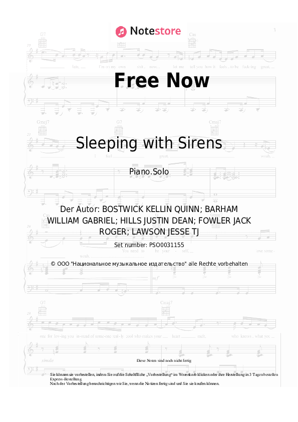 Noten Sleeping with Sirens - Free Now - Klavier.Solo