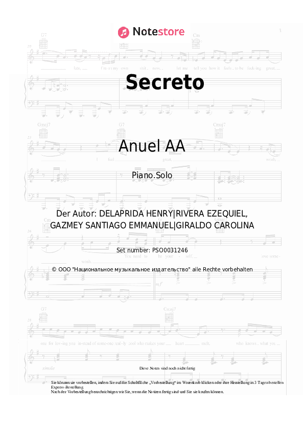 Noten Anuel AA, Karol G - Secreto - Klavier.Solo