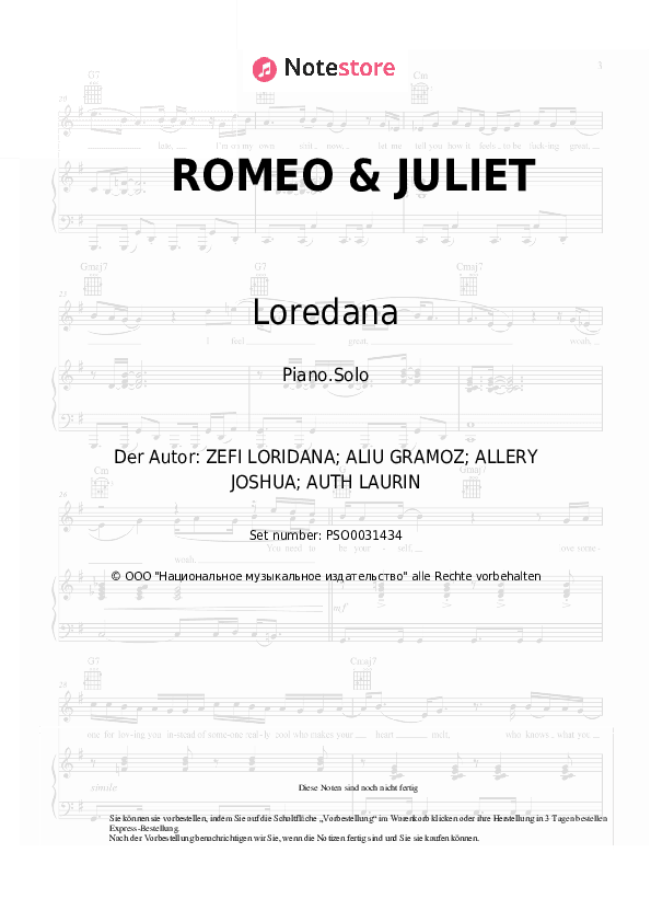 Noten Loredana, Mozzik - ROMEO & JULIET - Klavier.Solo
