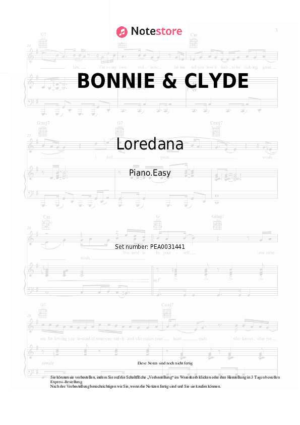 Einfache Noten Loredana, Mozzik - BONNIE & CLYDE - Klavier.Einfach