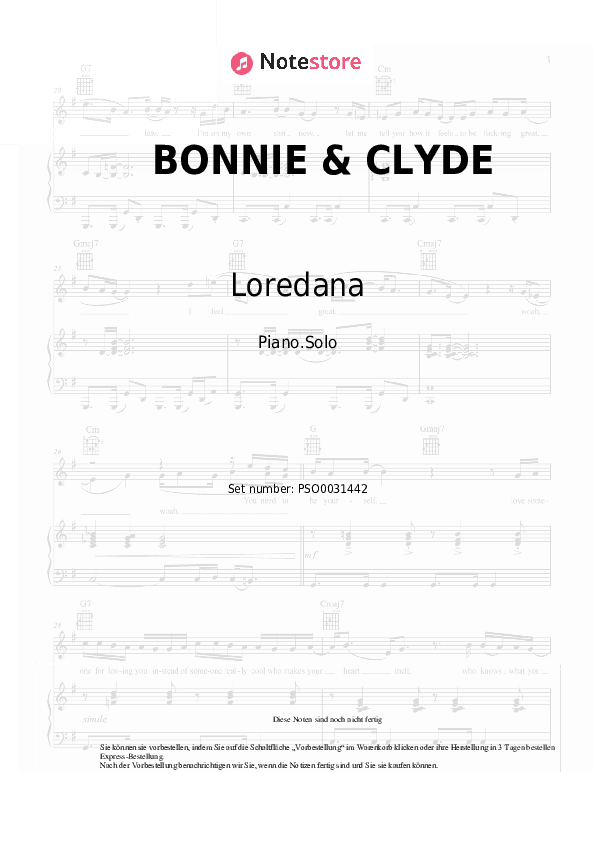 Noten Loredana, Mozzik - BONNIE & CLYDE - Klavier.Solo
