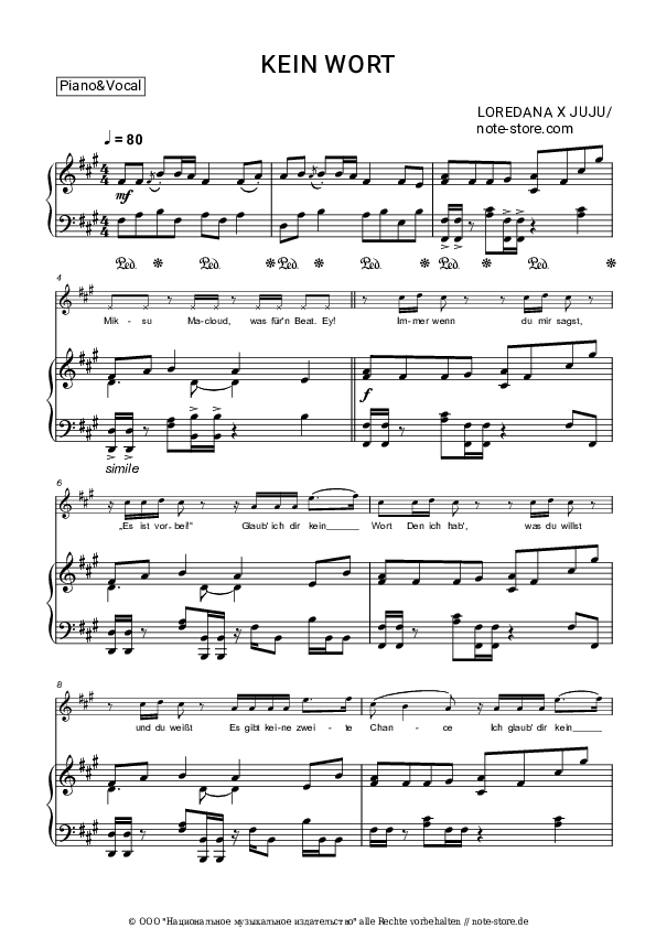 Noten mit Gesang Loredana, Juju - Kein Wort - Klavier&Gesang