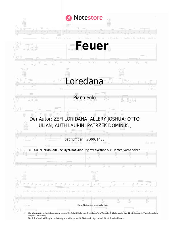 Noten Loredana, Getinjo - Feuer - Klavier.Solo