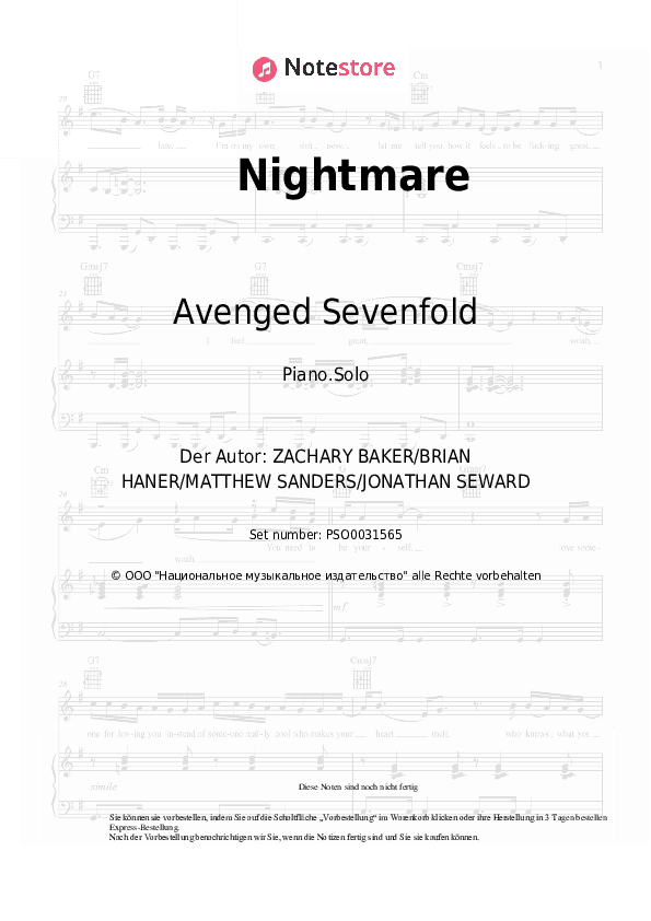 Noten Avenged Sevenfold - Nightmare - Klavier.Solo