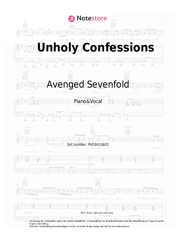 Noten mit Gesang Avenged Sevenfold - Unholy Confessions - Klavier&Gesang