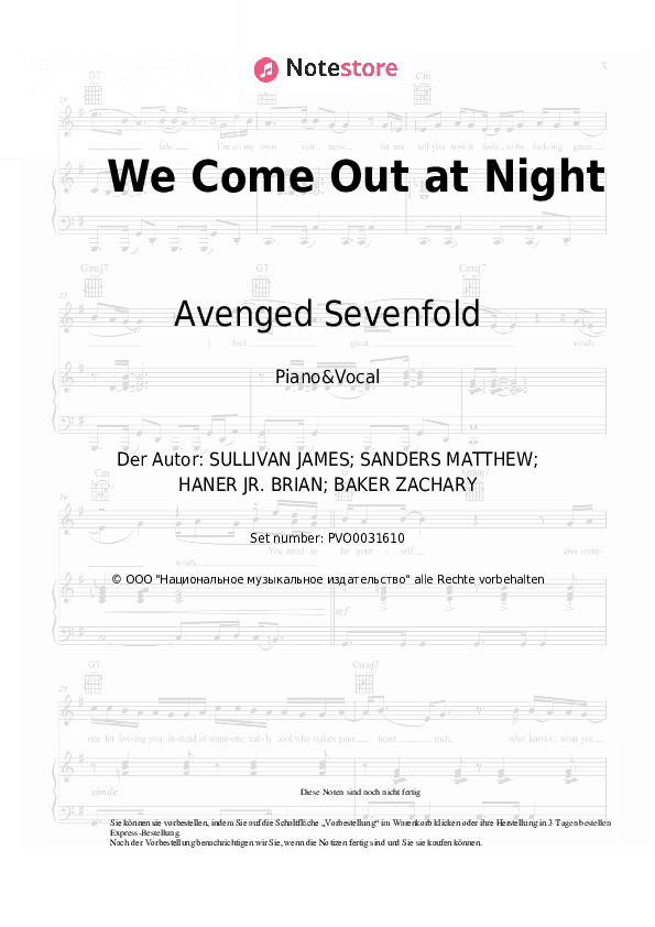Noten mit Gesang Avenged Sevenfold - We Come Out at Night - Klavier&Gesang