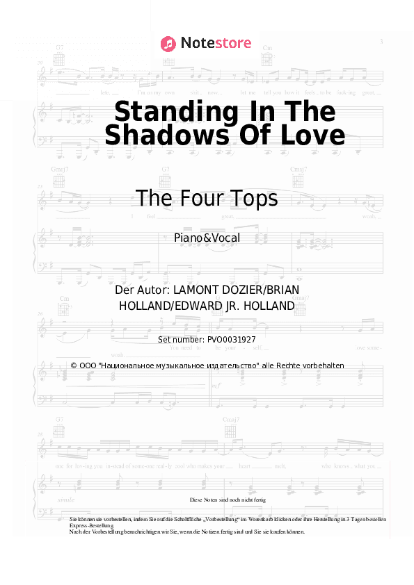 Noten mit Gesang The Four Tops - Standing In The Shadows Of Love - Klavier&Gesang
