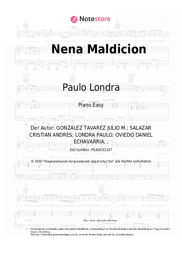 Einfache Noten Paulo Londra, Lenny Tavarez - Nena Maldicion - Klavier.Einfach
