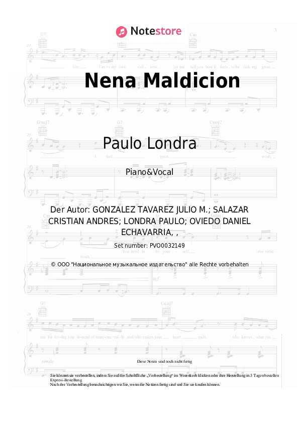 Noten mit Gesang Paulo Londra, Lenny Tavarez - Nena Maldicion - Klavier&Gesang